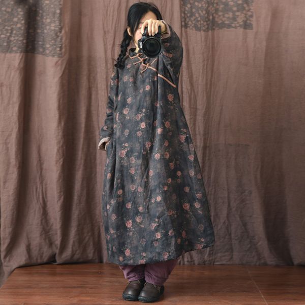 燕燕~棉麻商品~亞麻材質 長款斜襟盤扣棉袍洋裝 連身裙 