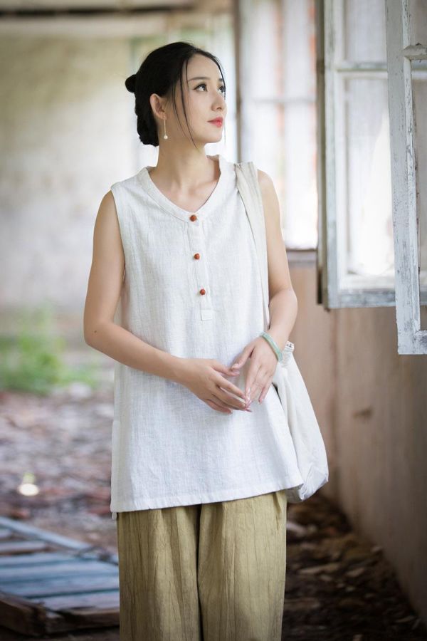 燕燕~夏季新款 全新中式無袖背心上衣 直筒顯瘦莧麻V領文藝百搭背心 