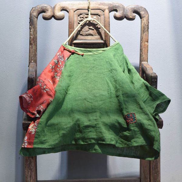 燕燕~棉麻商品~亞麻材質 拼布斜襟盤扣上衣 七分袖棉麻衫 