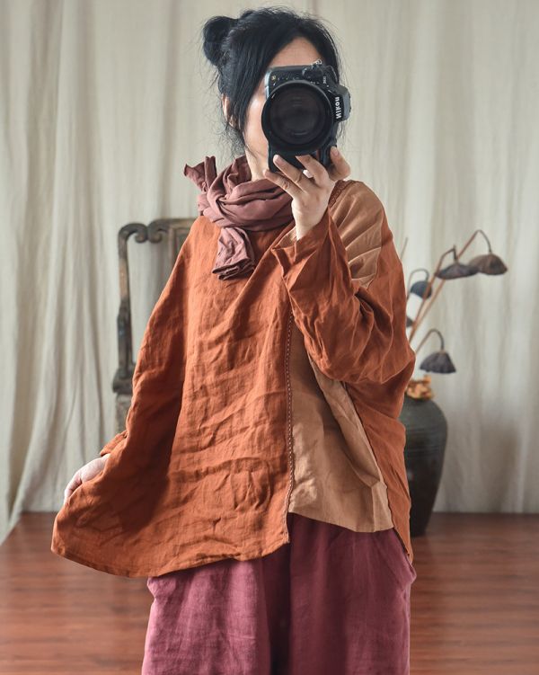 燕燕~春秋款 棉麻  文藝復古拼布 針跡繡線休閒圓領上衣 外套 