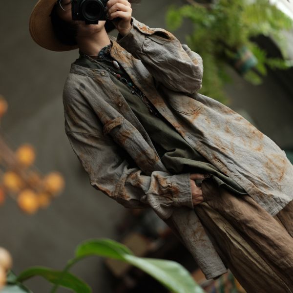 燕燕~亞麻～設計文藝復古做舊寬鬆外套襯衫 (植物染） 