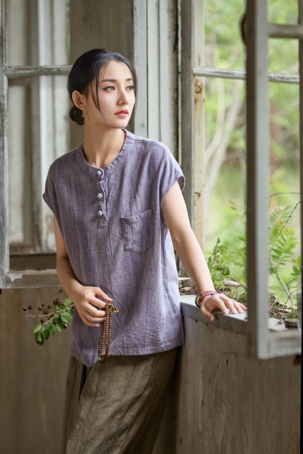 燕燕~秋季新款～亞麻紮染改良新中式盤扣文藝百搭女式短袖T恤 上衣 