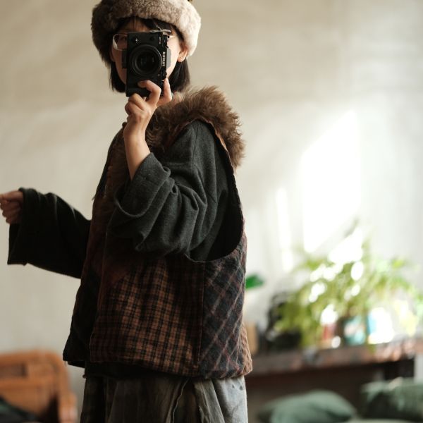 燕燕~純手工老布拼貼小眾氛圍感老布拼皮草夾棉背心 ab226401 (此件不退換） 