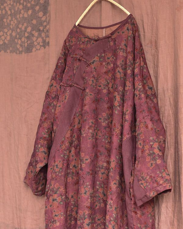 燕燕~秋季  砂洗做舊斜襟盤扣亞麻時髦花色 寬鬆洋裝 連身裙 