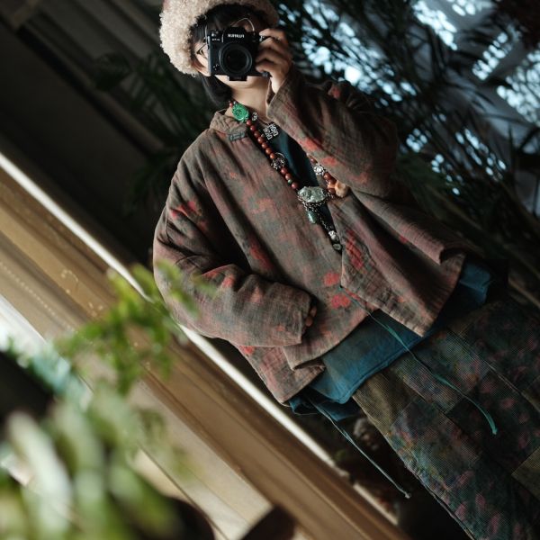 燕燕~秋冬新款 文藝數位印花純棉斜襟棉衣外套    ab193301 