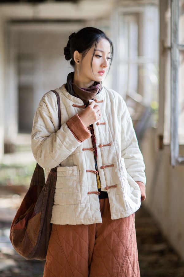 燕燕~冬季新款 苧麻夾棉方格絎縫棉襖短版棉衣外套 