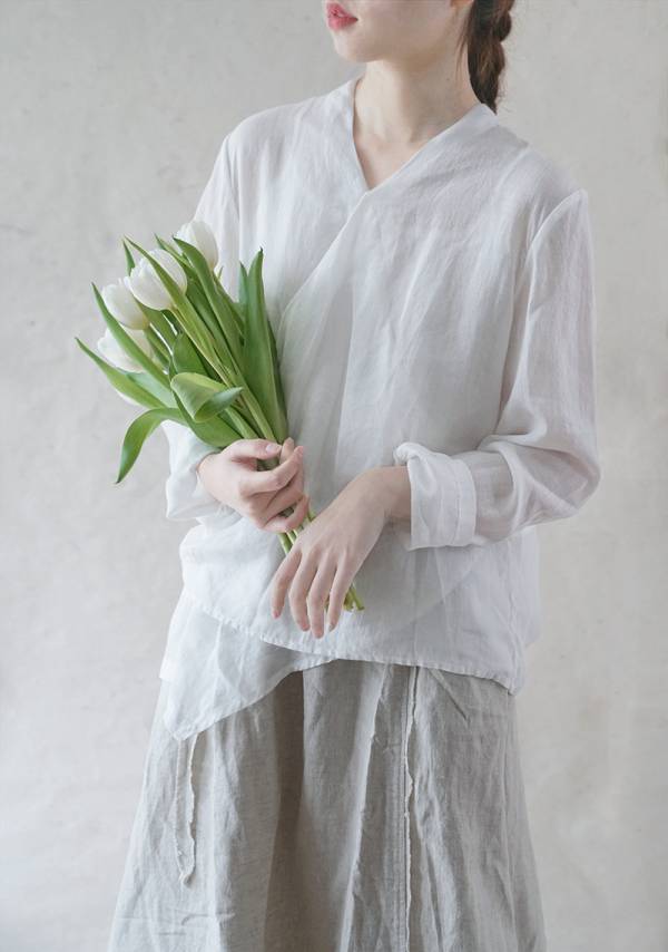 燕燕~細苧麻材質 薄透斜襟襯衫 文藝長袖棉麻衫 茶服上衣防曬衣 ab2103701 