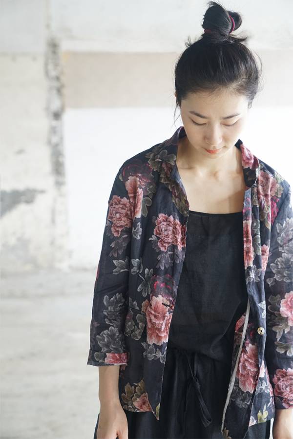 燕燕~棉麻商品~苧麻材質  印花西裝開衫外套 顯瘦百搭長袖棉麻衫 ab228101 