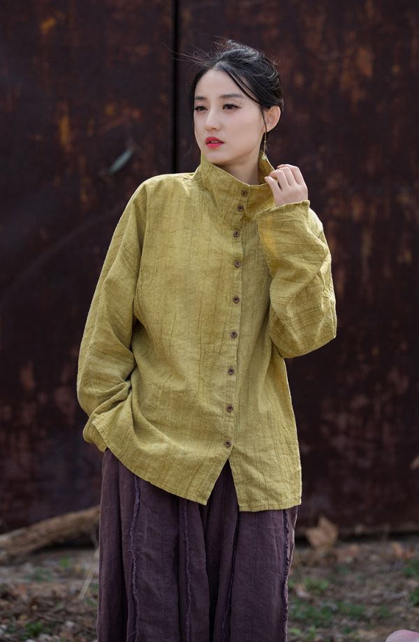 燕燕~苧麻棉~夏新品薄款紮染寬鬆百搭襯衫   半高領上衣 開襟衫 