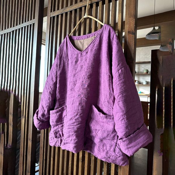 燕燕～秋冬款 亞麻    v領夾棉小襖文藝保暖上衣 寬鬆復古棉衣棉服上衣 
