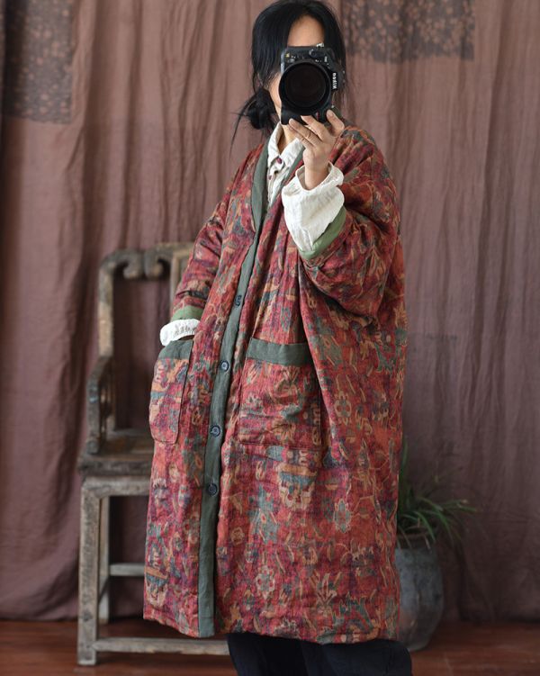 燕燕~秋冬款 亞麻  印花復古長棉袍麻開衫長棉衣 外套 