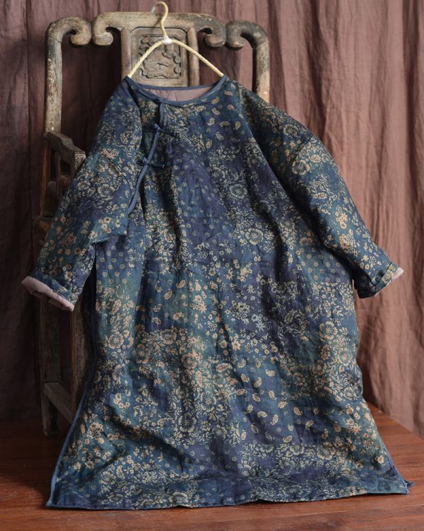 燕燕~棉麻商品~秋冬款 亞麻 印花斜襟盤扣文藝加長棉袍 寬鬆保暖棉衣上衣 連身裙 