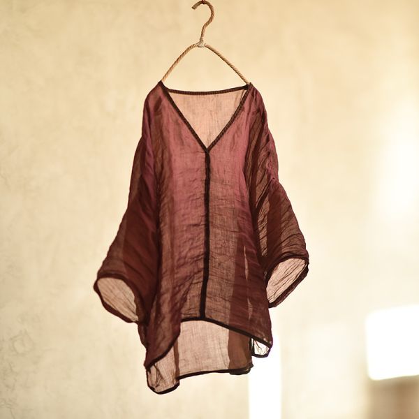 燕燕. 春夏新款 雙色輕薄襯衫 撞色V領手工針跡繡線文藝麻衫 上衣 