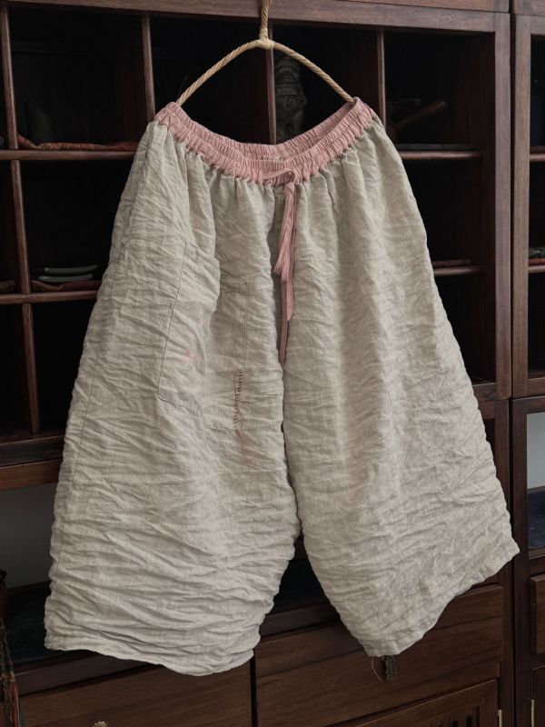 燕燕～亞麻～高品質砂洗寬鬆寬腿中褲 