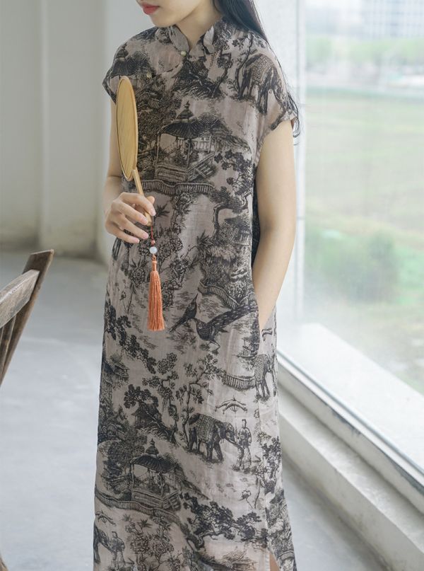 燕燕~棉麻商品~苧麻材質 輕中式數碼印花長旗袍 洋裝 連身裙 