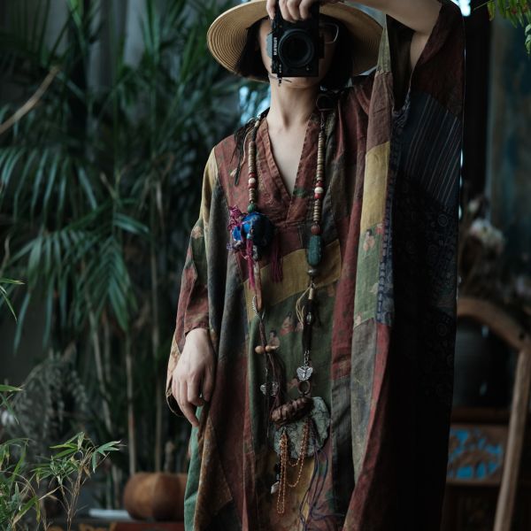 燕燕~寬鬆版型（此件商品不退換）~文藝復古棉麻襯衫裙 休閒寬鬆中袖V領連身裙袍子洋裝 ab221001 