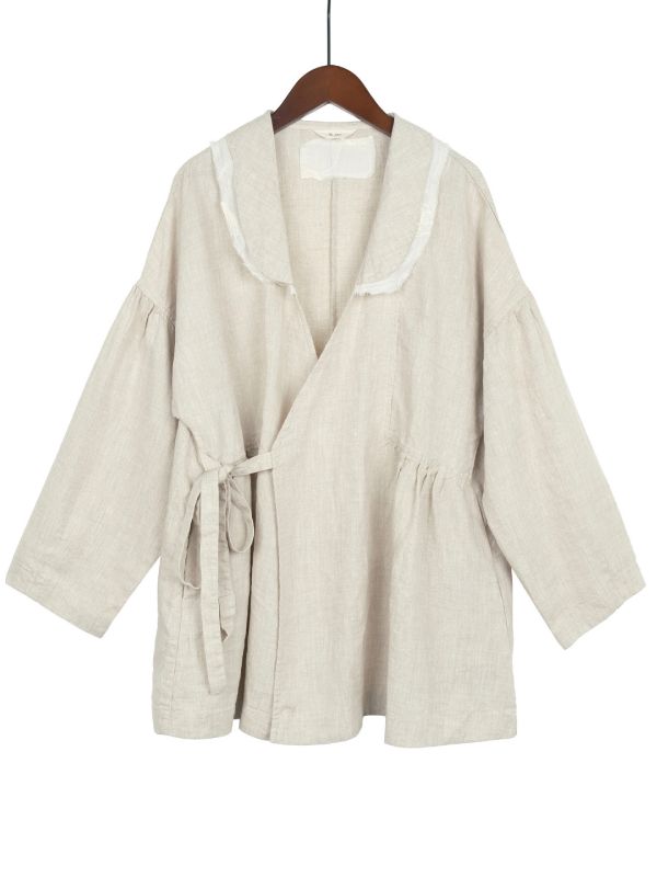 燕燕~亞麻 設計文藝復古開襟衫 田園生活寬鬆繫帶減齡外套   ab2408501 