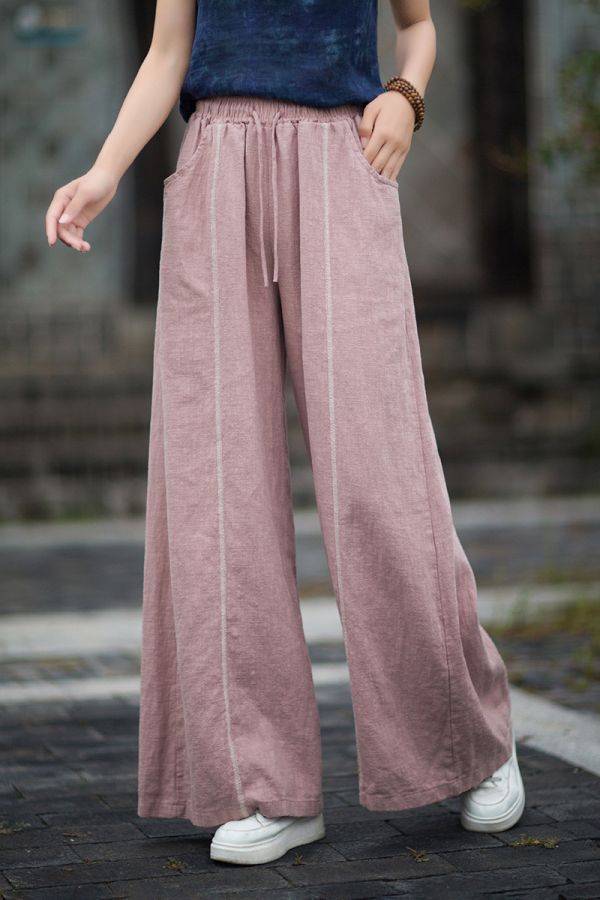 秋季新款 苧麻砂洗個性小眾文藝百搭女式寬褲 長褲 