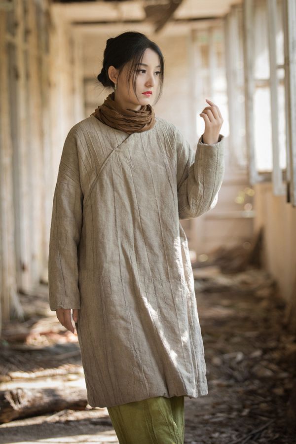 燕燕~秋冬新品 苧麻炒色夾棉加厚復古改良禪意風女式中長棉衣上衣 