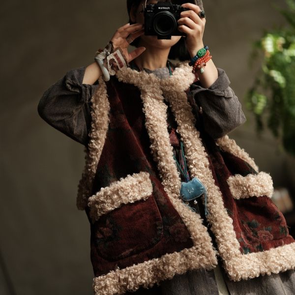 燕燕~復古燈芯絨羊捲毛大口袋夾棉加厚背心 ab222301 