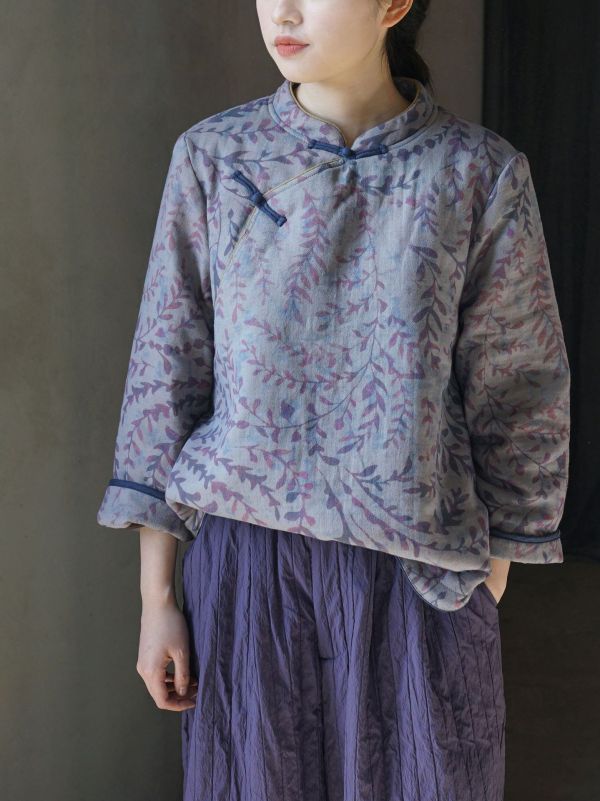 燕燕~數位印花斜襟小棉衣 復古立領加厚茶服棉襖上衣。   ab2328301 