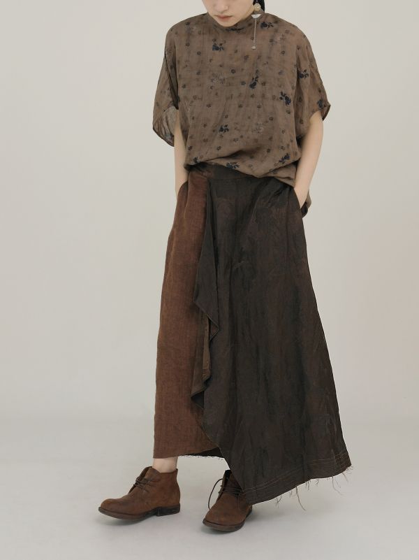 燕燕～早秋款 苧麻 復古半高領印花蝙蝠袖上衣 襯衫  ab2320501 