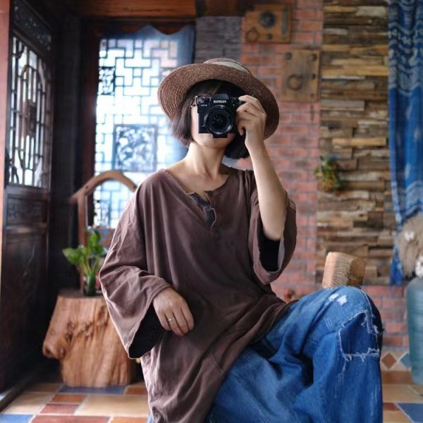 燕燕~針織棉。復古做舊雪花洗 不對稱寬鬆禪意大T恤 上衣 ab198401 