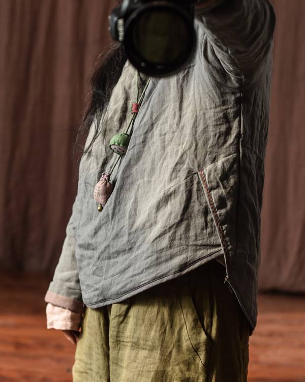 燕燕~棉麻商品~苧麻 寬鬆夾棉短款上衣 文棉服 寬鬆手工縫線棉衣上衣 