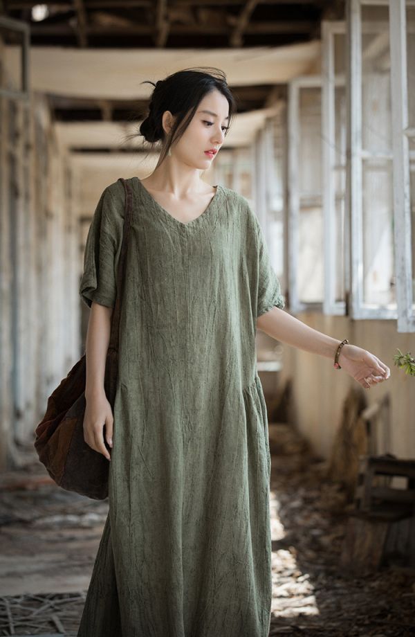 燕燕~亞麻~夏季棉薄款   紮染文藝長裙 洋裝 連身裙 