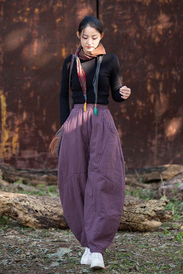 燕燕～秋冬新款 莧麻夾棉加厚炒色燈籠褲 文藝復古棉麻打坐禪修太極褲 長褲 