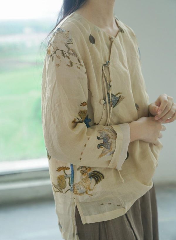 燕燕棉麻～夏款 設計中式斜襟數位印花莧麻上衣 茶服雙層防透禪意襯衫 ab2218201 