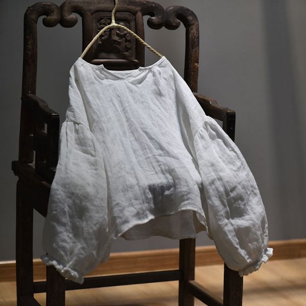 春夏新款 亞麻材質燈籠袖襯衫  木耳邊鬆緊袖上衣 