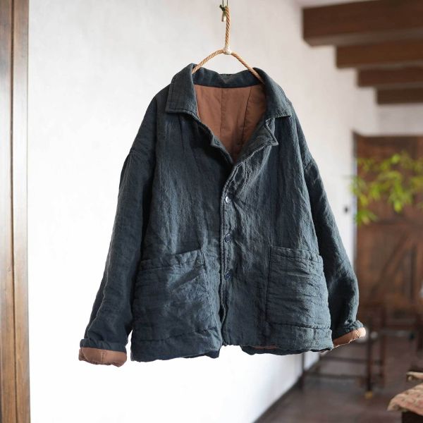 燕燕~厚棉衣過冬必備 色織亞麻 大版寬鬆 西服外套 