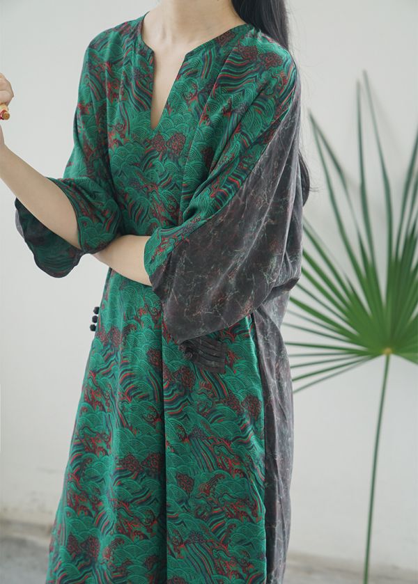 燕燕~棉麻商品~銅氨絲 東方香雲紗印花繭型長袍 寬鬆 洋裝 連身裙  ab2220001 (此款不退換） 