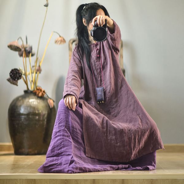  燕燕~棉麻商品~亞麻材質 春秋款盤扣 砂洗做舊手縫線長款洋裝 連身裙 