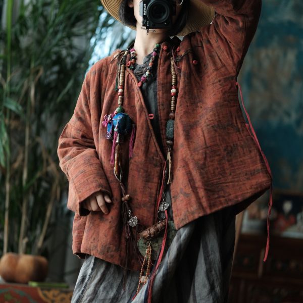 燕燕~棉麻商品~改良立領盤扣繫帶復古文藝懷舊寬鬆棉衣上衣   ab161201 