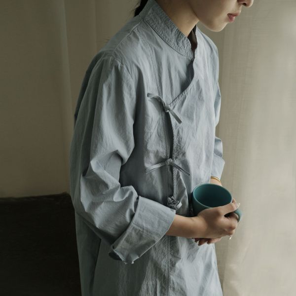 燕燕～有機棉。新中式斜襟繫帶斜襟長襯衫 上衣 洋裝 連身裙 