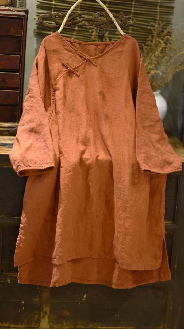 燕燕~亞麻 文藝復古手縫盤扣V領套頭七分袖 中長款麻衫 