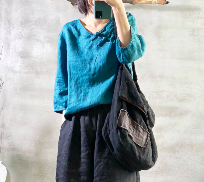 燕燕棉麻～亞麻材質 秋季水洗盤扣復古簡約寬鬆大碼女式襯衫 七分袖棉麻衫 0 直購 