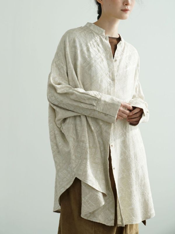 燕燕~早春款～新中式簡約提花襯衫 復古立領寬鬆蝙蝠袖長上衣 ab2503401 