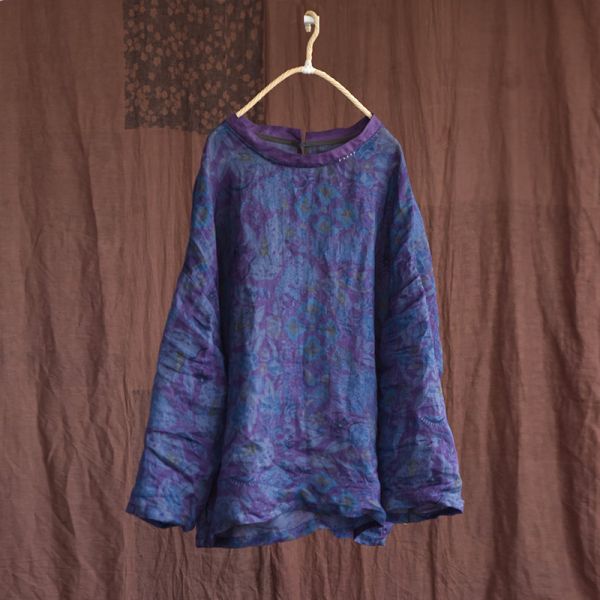 燕燕. 苧麻 撞色休閒輕薄上衣 復古寬鬆襯衫 長袖棉麻衫 