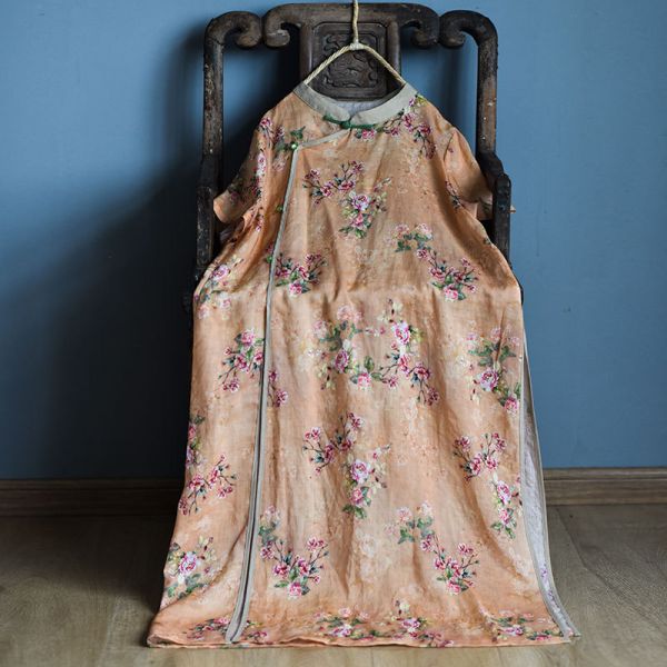 燕燕~棉麻商品 苧麻材質 數碼印花斜襟盤扣文藝開衩長旗袍 洋裝 連身裙  