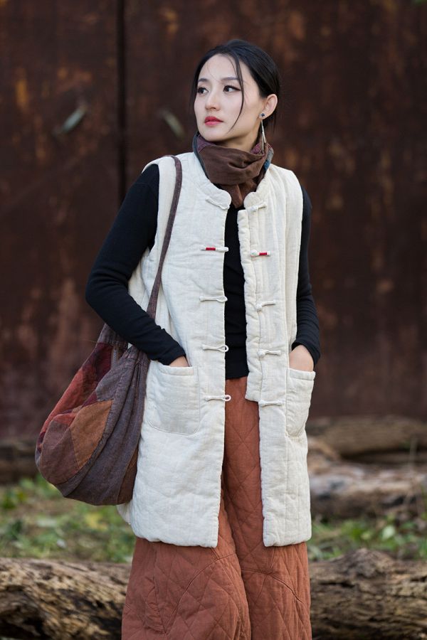 燕燕~冬季新款 苧麻豎格絎縫炒色夾棉保暖背心 