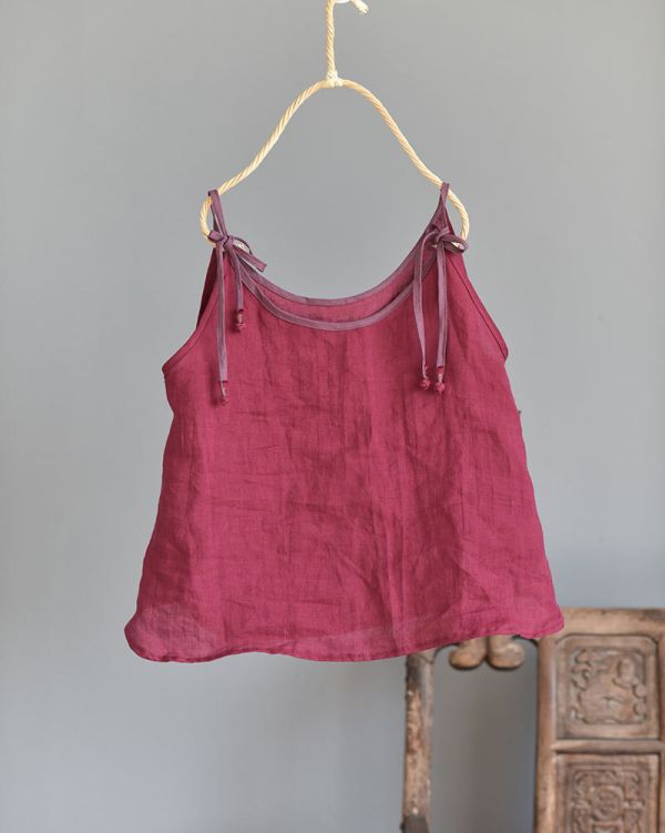 燕燕~春秋款 純苧麻 撞色盤扣吊帶背心 