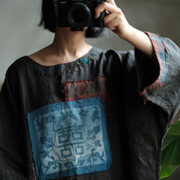 燕燕~復古純亞麻炒色做舊氛圍感小眾拼色手工拼接長袍 洋裝 連身裙 ab225701 (此件商品不退換） 