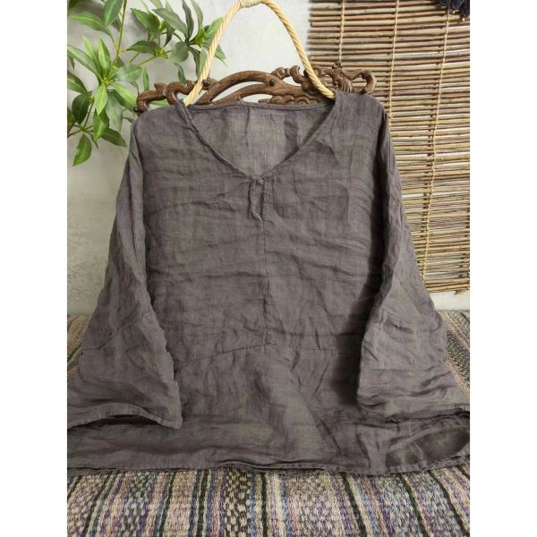 燕燕~棉麻商品~春夏款。亞麻  文藝復古寬鬆七分袖落肩套頭小衫 上衣 