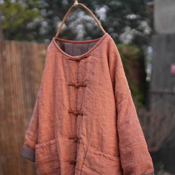 燕燕～秋冬款 色織亞麻 純手工縫製盤扣中長款棉衣大口袋棉服外套 