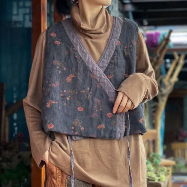 燕燕~棉麻商品~亞麻 文藝印花寬鬆棉背心 上衣 