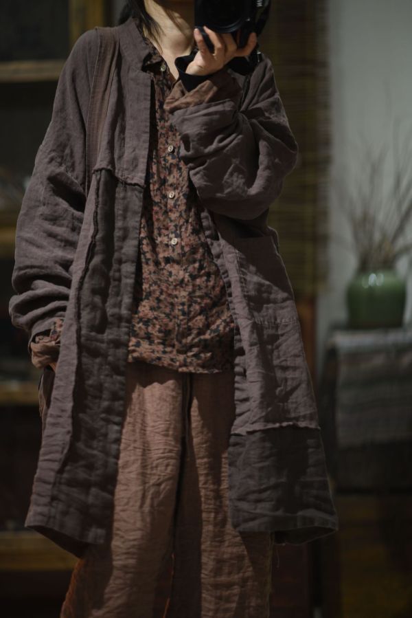 燕燕～亞麻 休閒文藝復古拼布加里襯長款雙層風衣外套 