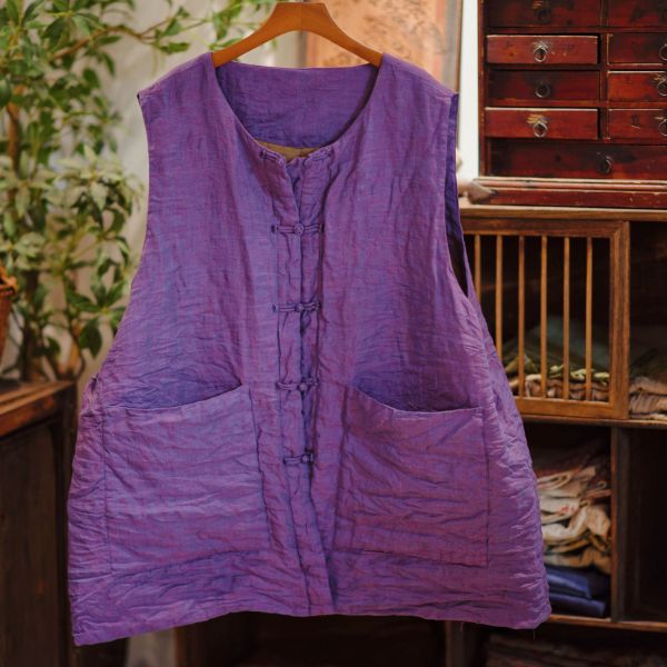 燕燕~色織亞麻中式盤扣雙層夾棉中長棉背心 